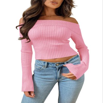 Goranbon Women's Off Shoulder Ribbed Knit Crop Sweaters Cute Wrap Long Sleeve Slim Pullover Jumper Tops Pink