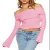Goranbon Women's Off Shoulder Ribbed Knit Crop Sweaters Cute Wrap Long Sleeve Slim Pullover Jumper Tops Pink view 2
