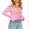 Goranbon Women's Off Shoulder Ribbed Knit Crop Sweaters Cute Wrap Long Sleeve Slim Pullover Jumper Tops Pink view 3
