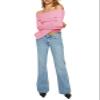 Goranbon Women's Off Shoulder Ribbed Knit Crop Sweaters Cute Wrap Long Sleeve Slim Pullover Jumper Tops Pink view 4