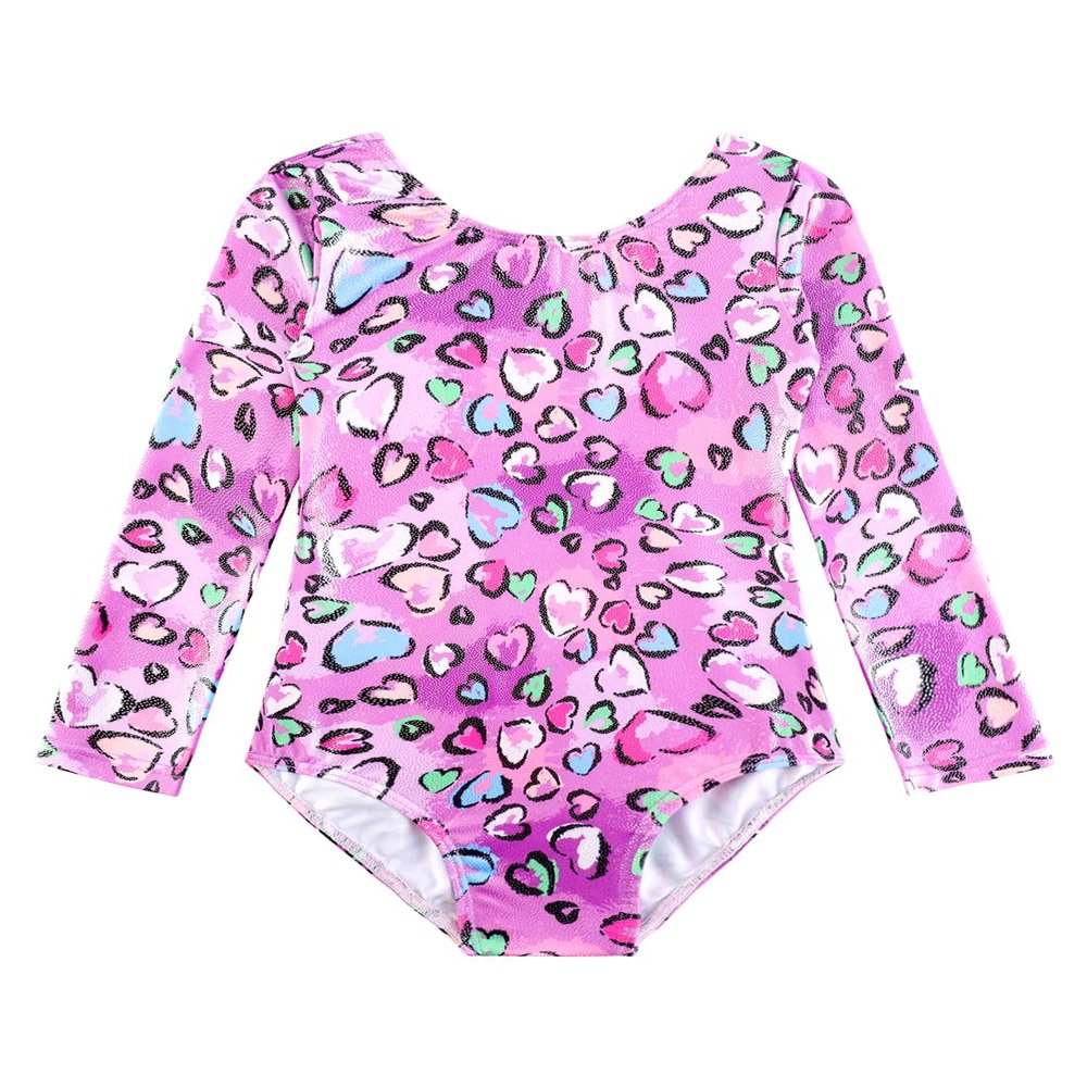 Belovance Long Sleeves Gymnastics Leotards for Girls Dance Outfits 7-8 Kids Tumbling Bodysuits Heart Purple Dancewear (Heart Purple, 7-8 Years)