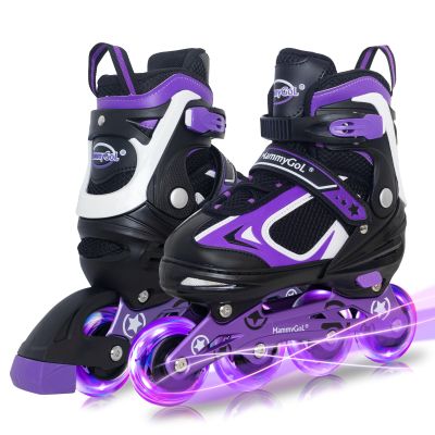 MammyGol Adjustable Inline Skates for Boys Girls Kids Youth with Light up Wheels, Black&Purple Beginner Blades Roller Skates for Boys Size 1 2 3 4 Ages 6-12