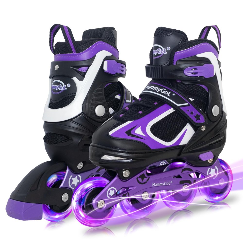 MammyGol Adjustable Inline Skates for Boys Girls Kids Youth with Light up Wheels, Black&Purple Beginner Blades Roller Skates for Boys Size 1 2 3 4 Ages 6-12
