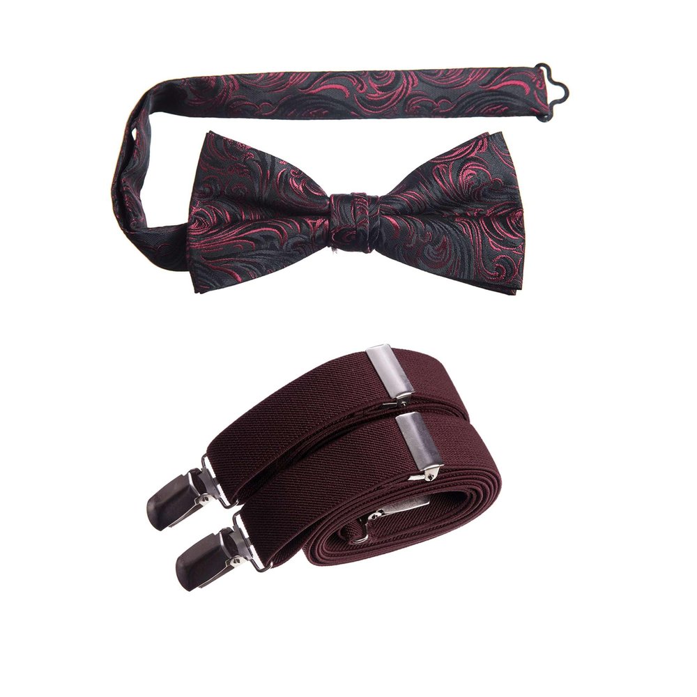 Tuxgear Boys Bow Tie and Adjustable Stretch Suspender Sets, (Burgundy Imperial, 40" Youth)