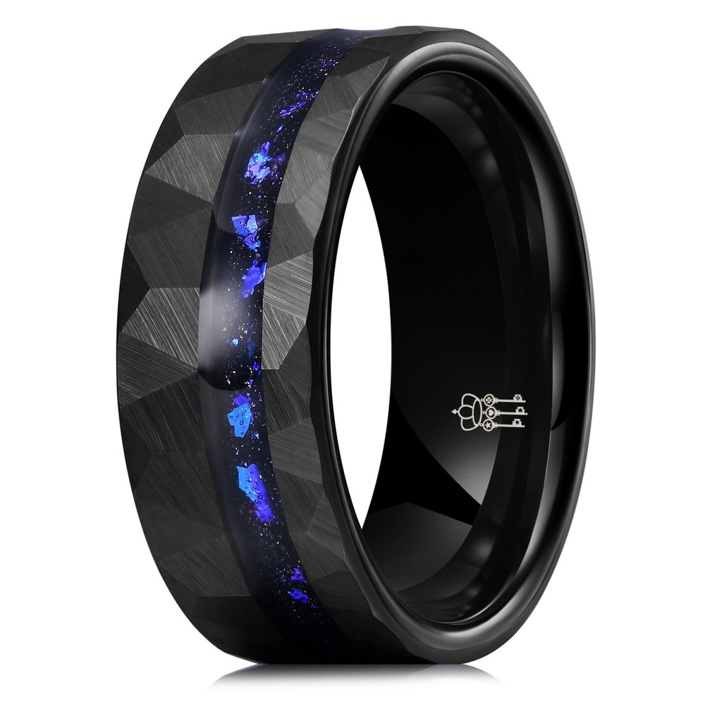 THREE KEYS JEWELRY 8mm Black Tungsten Rings for Men Unisex Hammered Wedding Band Galaxy Engagement Ring with Blue Purple Sparkles Inlay Groove Comfort Size 10