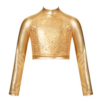 Lorilida Kids Girls High Neck Glitter Crop Top Metallic Long Sleeve T-Shirt Ballet Dance Leotard Gymnastics Performance Gold 16 Years