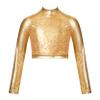 Lorilida Kids Girls High Neck Glitter Crop Top Metallic Long Sleeve T-Shirt Ballet Dance Leotard Gymnastics Performance Gold 16 Years view 1