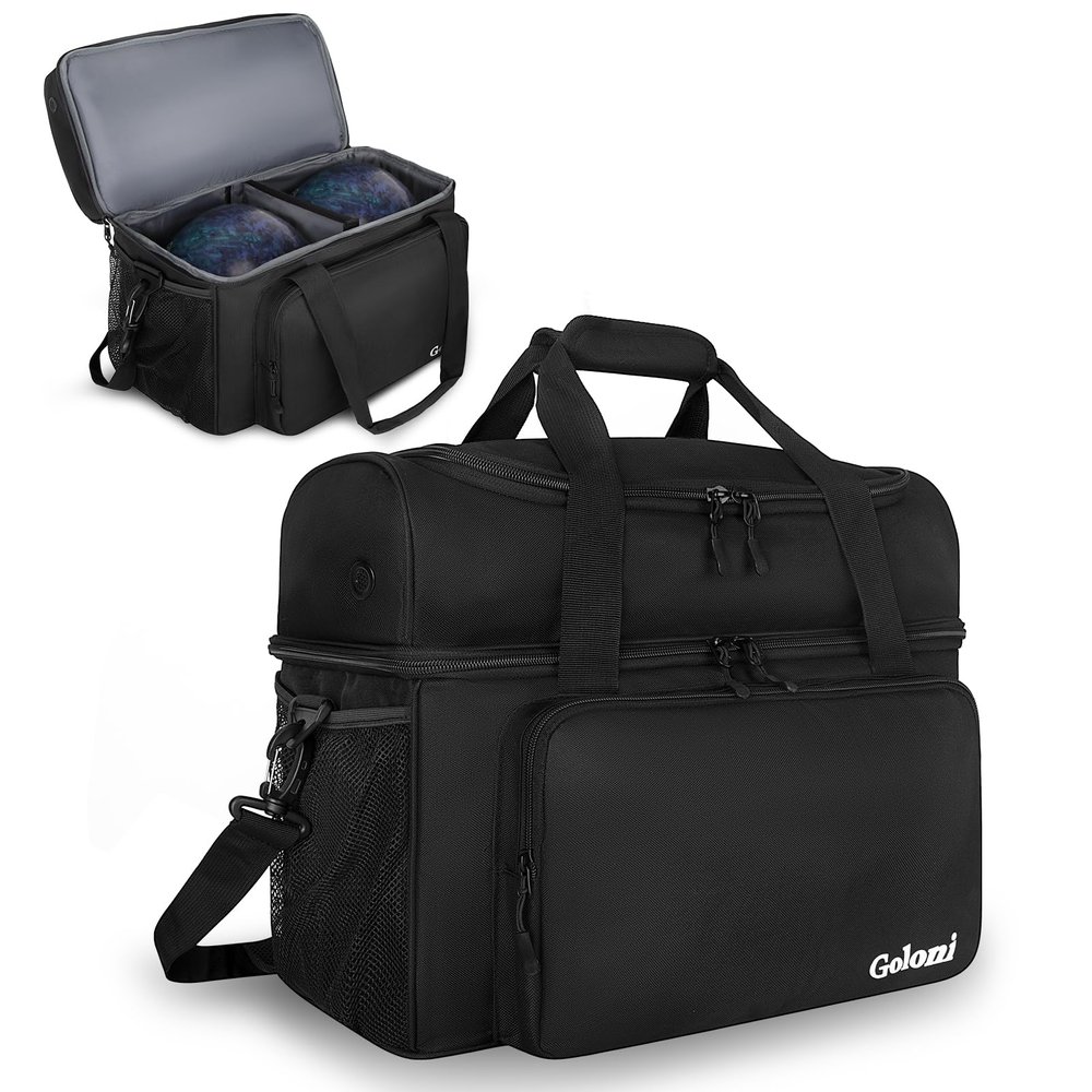 Goloni Bowling Bag for 2 Balls, Bowling Ball Bag with Padded Holder,Fits Bowling Shoes Up to Mens 16 and Extra Essentials