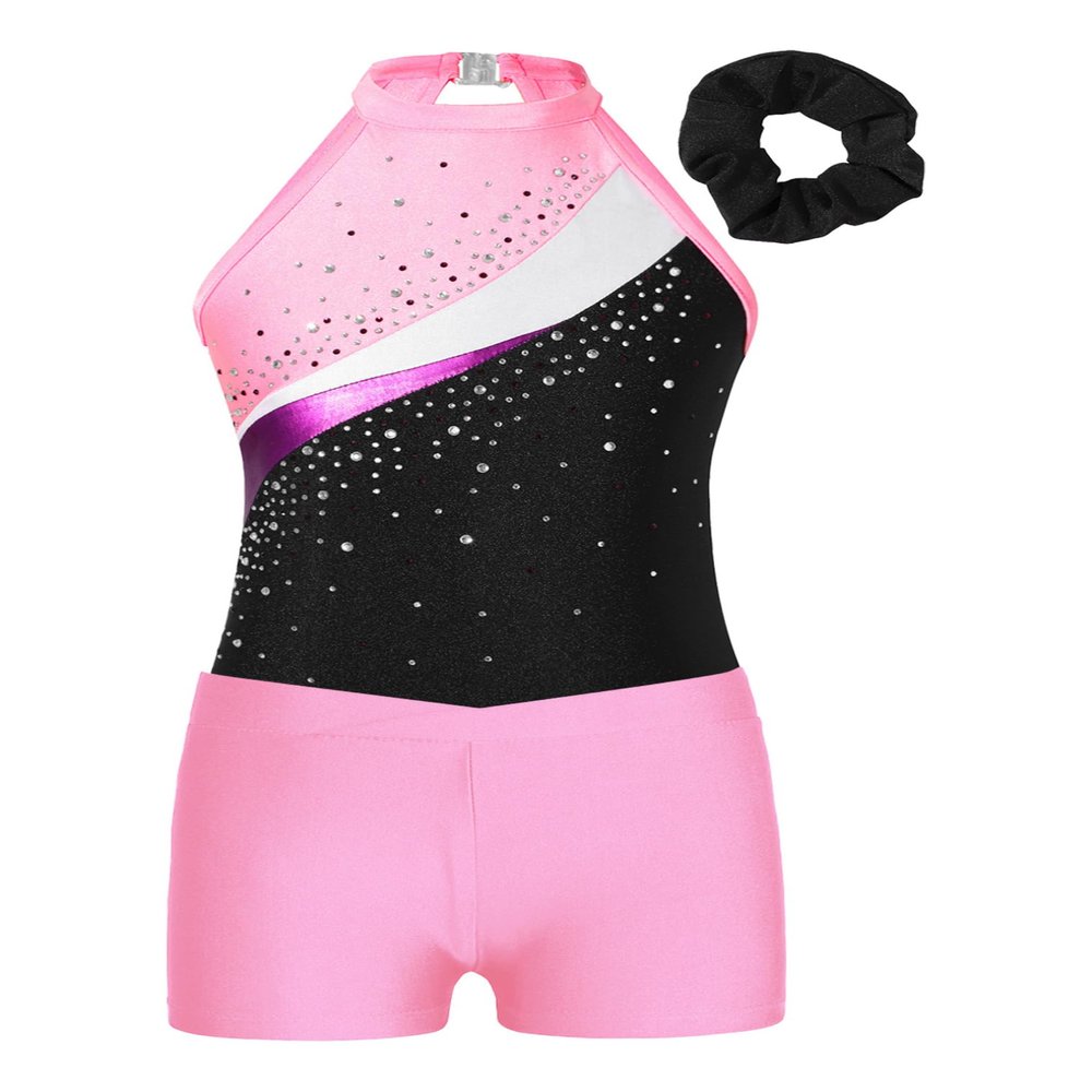 JEATHA Girls Ballet Dance Outfits 3PCS Shiny Rhinestone Sleeveless Gymnastics Leotard with Athletic Shorts Set Pink 12 Years