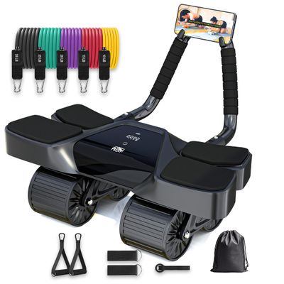 Ab Roller Home Gym Equipment 4 Wheels Ab Wheel Muscle Roller with LCD Screen, 5Pcs Resistance Bands, Ankle Straps, Door Anchor, Handles, Travel Bag Comfortable Elbow Support with Non-Slip Handles