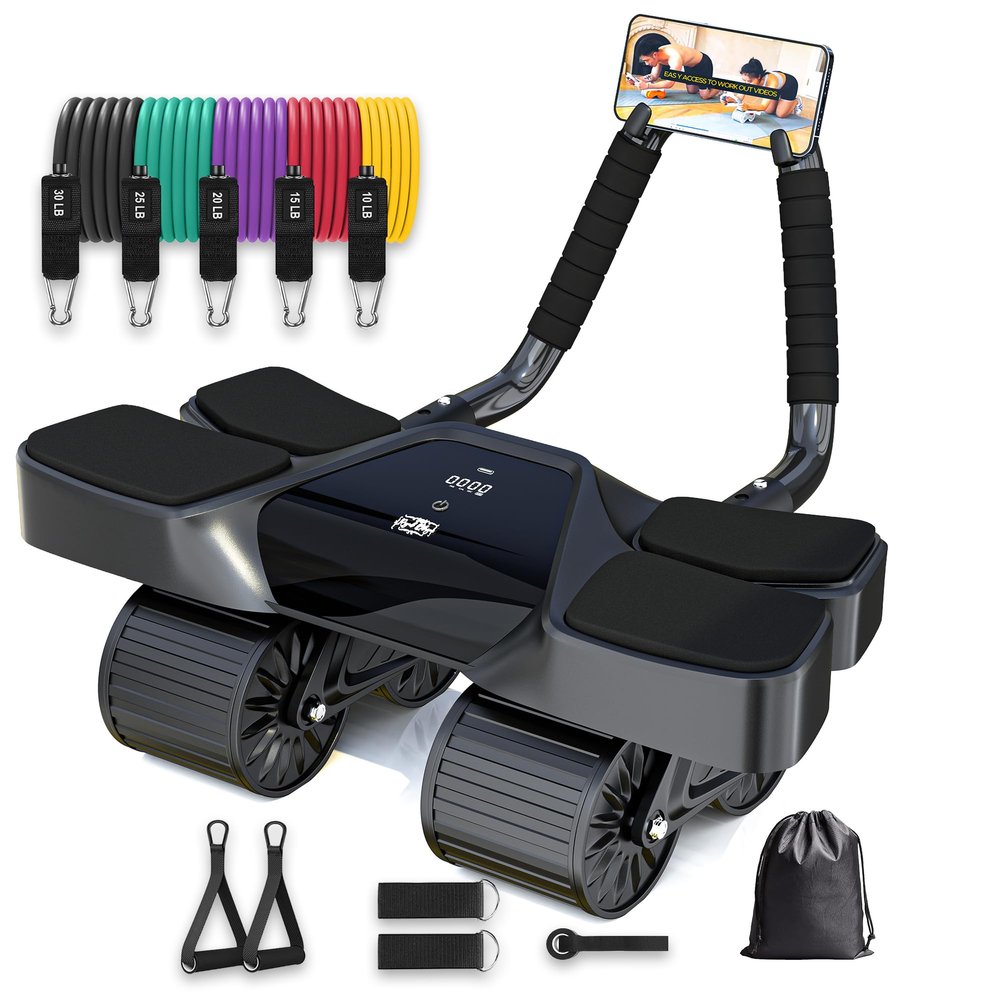 Ab Roller Home Gym Equipment 4 Wheels Ab Wheel Muscle Roller with LCD Screen, 5Pcs Resistance Bands, Ankle Straps, Door Anchor, Handles, Travel Bag Comfortable Elbow Support with Non-Slip Handles
