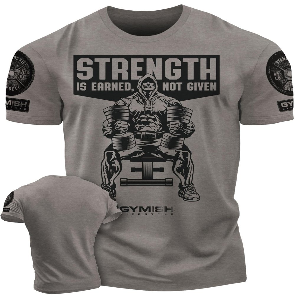 Gymish Strength is Earned Not Given Workout T-Shirt, Lifting Gym Shirts for Men (XL, Strength Warm Grey Branded)