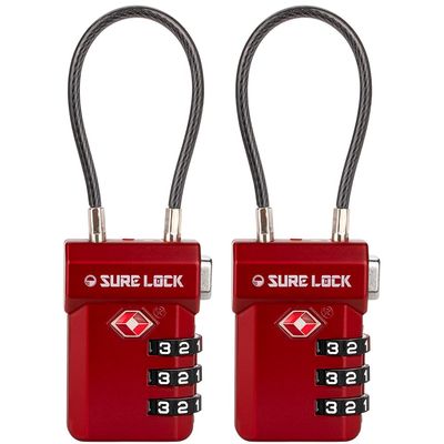 SURE LOCK TSA Approved Cable Luggage Lock TSA Locks for Luggage with Visual Inspection Indicator, Resettable 3-Digit Combination, Zinc Alloy Body for Suitcases, Backpacks, Gym Lockers(RED 2 Pack)