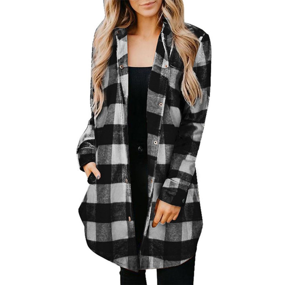 Womens Casual Plaid Shacket Button Down Long Sleeve Classic Shirt Mid Length Autumn Jackets Coats Oversized BF Style Tops