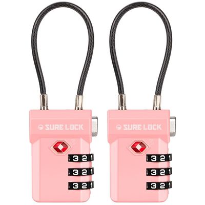 SURE LOCK TSA Approved Cable Luggage Lock TSA Locks for Luggage with Visual Inspection Indicator, Resettable 3-Digit Combination, Zinc Alloy Body for Suitcases, Backpacks, Gym Lockers(Pink 2 Pack)