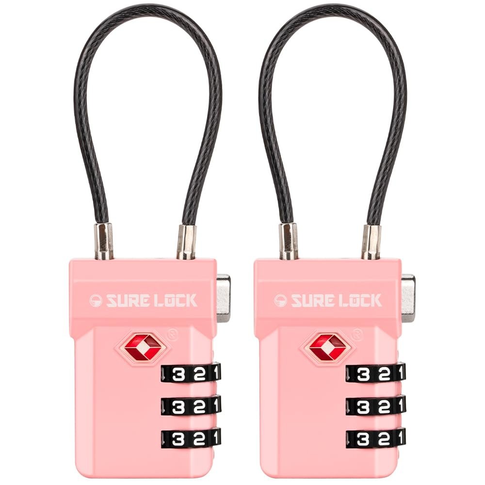 SURE LOCK TSA Approved Cable Luggage Lock TSA Locks for Luggage with Visual Inspection Indicator, Resettable 3-Digit Combination, Zinc Alloy Body for Suitcases, Backpacks, Gym Lockers(Pink 2 Pack)