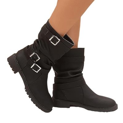 Womens Cowboy Bo_ots Wide Width Foot Cowboy Bo_ots for Women Mid_Calf Cowgirl Dress an_kle Bo_oties with Side Zipper Low He_el Fashion Motorcycle Combat Riding Military Biker Bo_ots Black