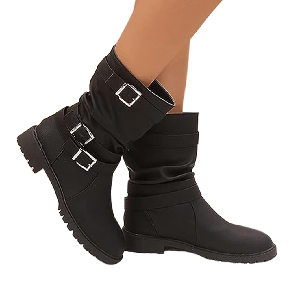 Womens Cowboy Bo_ots Wide Width Foot Cowboy Bo_ots for Women Mid_Calf Cowgirl Dress an_kle Bo_oties with Side Zipper Low He_el Fashion Motorcycle Combat Riding Military Biker Bo_ots Black