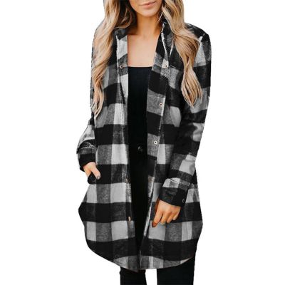 Womens Casual Plaid Shacket Button Down Long Sleeve Classic Shirt Mid Length Autumn Jackets Coats Oversized BF Style Tops