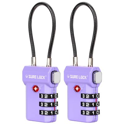 SURE LOCK TSA Approved Cable Luggage Lock TSA Locks for Luggage with Visual Inspection Indicator, Resettable 3-Digit Combination, Zinc Alloy Body for Suitcases, Backpacks, Gym LockersPurple 2 Pack