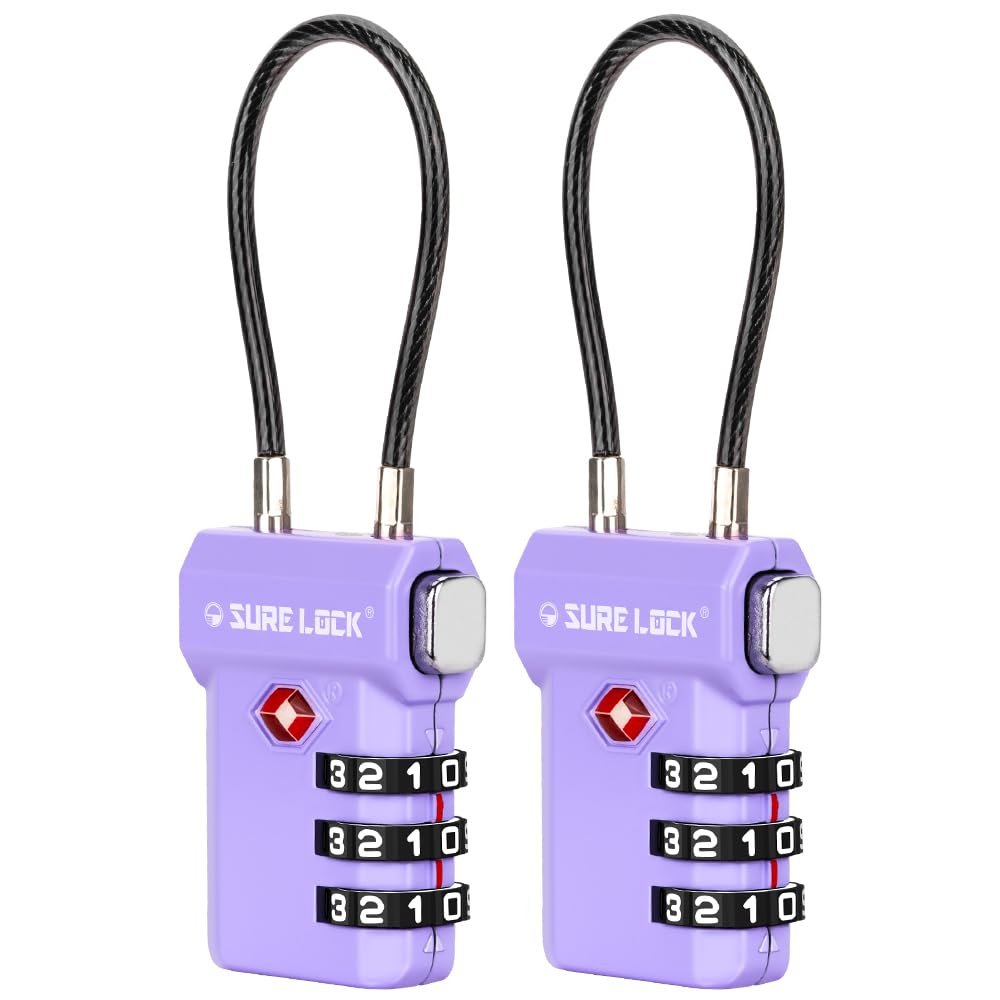 SURE LOCK TSA Approved Cable Luggage Lock TSA Locks for Luggage with Visual Inspection Indicator, Resettable 3-Digit Combination, Zinc Alloy Body for Suitcases, Backpacks, Gym LockersPurple 2 Pack