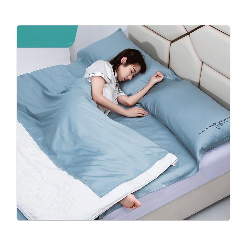 RUZGAR Sleeping Bag Liner Large Small Sized Travel Sheet 300 Thread Count Long Staple Cotton Ultra Lightweight Sleep Liner Single Double Travel Bed Sheet (Color : Blue, Size : 120x210cm-47x82)