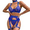 Women Lingerie Three Piece Set Floral Lace See Through Bra Garter Sexy Lingerie for Women Bodysuit Breast Cutouts Blue view 1
