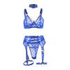 Women Lingerie Three Piece Set Floral Lace See Through Bra Garter Sexy Lingerie for Women Bodysuit Breast Cutouts Blue view 4