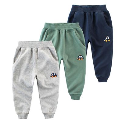 BeiVSlley Baby Boys 3 Pack Cotton Active Jogger Pants Toddler Cute Embroidery Athletic Sweatpants,Dark Blue+Green+Gray,6-7T