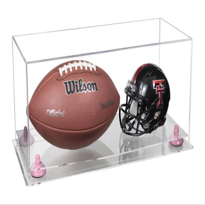 Better Display Cases Acrylic Full Size Football and Mini Helmet Display Case with Clear Case, Pink Risers and Clear Base 19.25" x 8.25" x 8" (B47/A103)