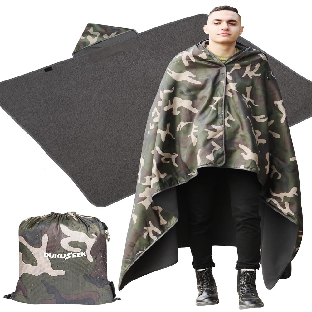 DUKUSEEK Hooded Stadium Blanket, Camouflage Waterproof Windproof Outdoor Fleece Blanket - Large (79x56), Portable, Wearable, Warm for Outdoor Hunting, Sporting Events