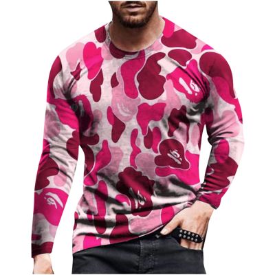 long sleeve tee shirts for men 2023 Mens Shirts Long Sleeve Casual Stylish Camouflage Print Workout Crewneck Sweatshirts Loose Fit Camo Pullover Tees muscle shirts for men 3xl Pink M