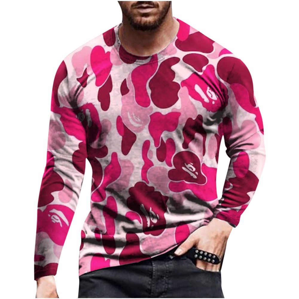 long sleeve tee shirts for men 2023 Mens Shirts Long Sleeve Casual Stylish Camouflage Print Workout Crewneck Sweatshirts Loose Fit Camo Pullover Tees muscle shirts for men 3xl Pink M