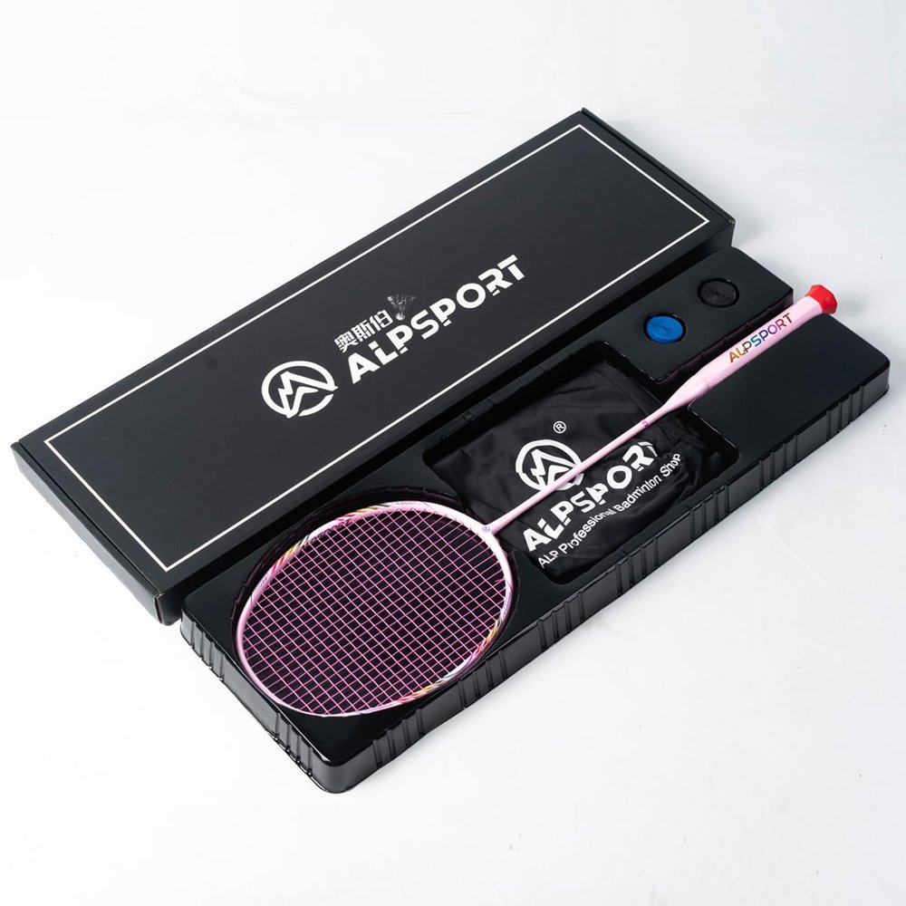 ALPSPORT BBQ 8U G4 Rainbow Frame Titanium Alloy Damping Ring Super Light Professional Full Carbon Fiber Badminton Racket with Gift Box, Racquet for Sports Including 1 Flannel Bag, 2 Grips (Pink)