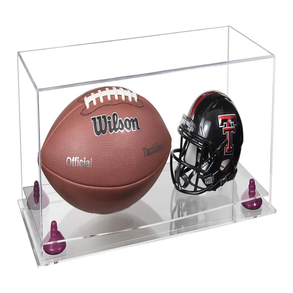 Better Display Cases Acrylic Full Size Football and Mini Helmet Display Case with Clear Case, Purple Risers and Clear Base 19.25" x 8.25" x 8" (B47/A103)