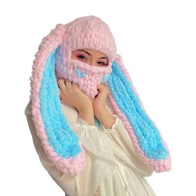 Thickened Crochet Knit Balaclava Hat for Women Girls, Funny Long Bunny Ears Beanie Hat with Scarf Mask Thermal Headwear (Pink Blue Rabbit Ears)