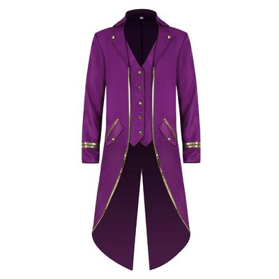 Men's Steampunk Vintage Tailcoat Jacket Gothic Medieval Victorian Frock Button Down Swallow Coat Uniform Halloween Costume Long Tuxedo Fancy Dress Up Cosplay King Knight Photo shoot Clothes Purple Gold L