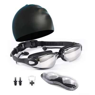 Swimming Accessories with Earplugs, Electroplated uv Conservation Swim for hat Goggles Set, Nose Clip, and Case