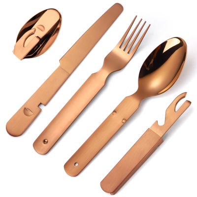 A  HOUSEWARE Camping Silverware Copper/Rose Gold Flatware Stainless Steel Eating Utensils Set Travel Portable Knife Fork Spoon Bottle Opener 4 Pieces Multi-functional Durable