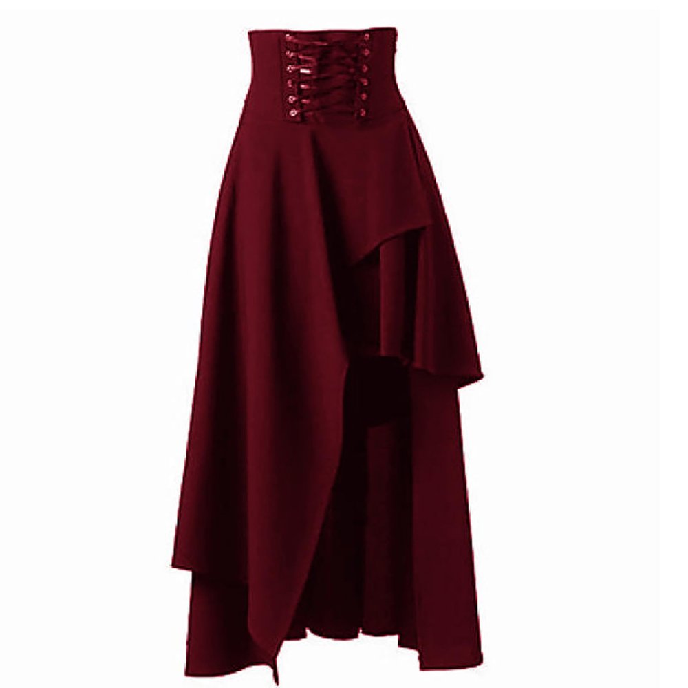 Womens Gothic Punk Skirt Medieval Renaissance Lace-Up Corset Skirt Side Split Victorian Steampunk High Low Skirt Wine