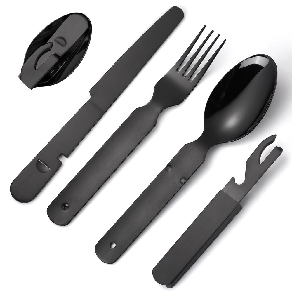 A HOUSEWARE Portable Silverware Black Flatware Camping Cutlery Stainless Steel Spoon Fork Knife and Bottle Opener 4 Pieces Utensil Outdoor Travel Foldable Easy to Clean