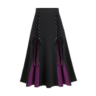 Womens Gothic Long Skirts Pleated Patchwork Dresses Medieval Lace Up Midi Pleated Skirts Victorian Steampunk Skirts Purple
