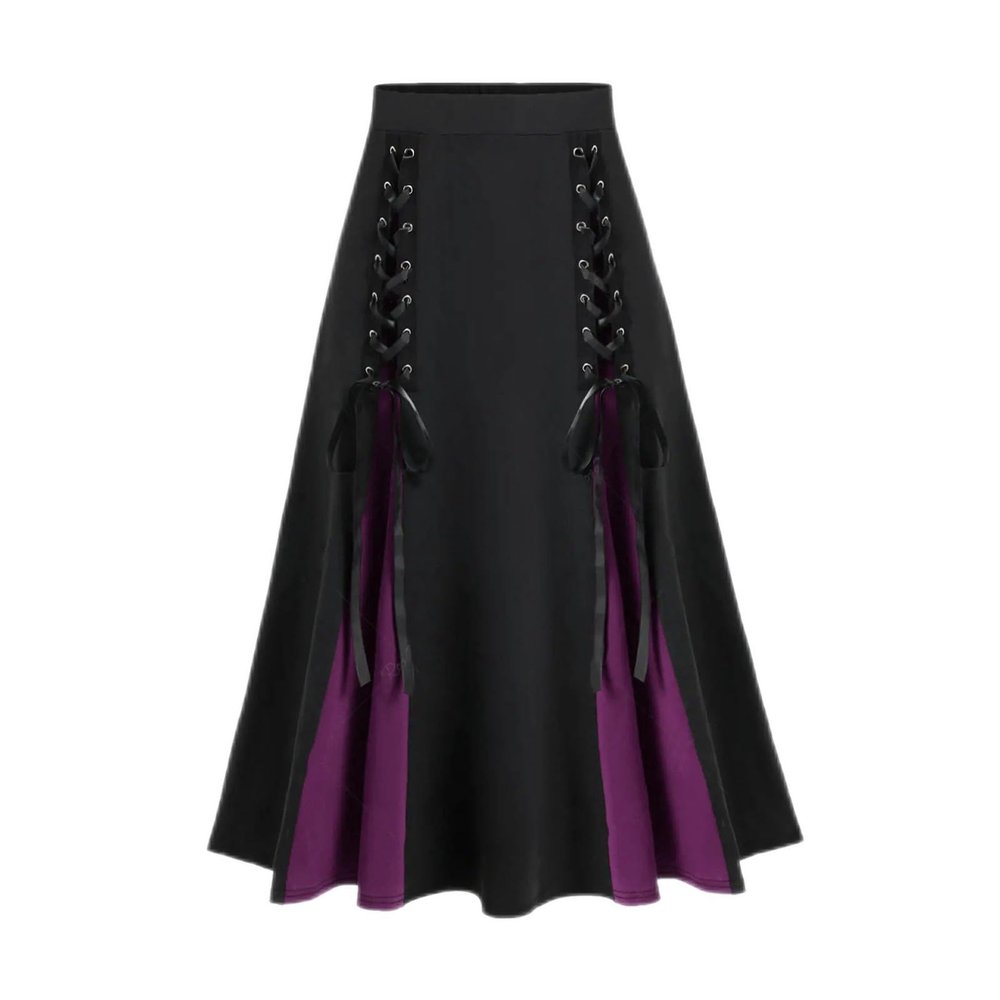 Womens Gothic Long Skirts Pleated Patchwork Dresses Medieval Lace Up Midi Pleated Skirts Victorian Steampunk Skirts Purple