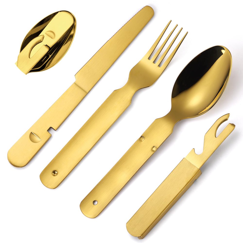 A HOUSEWARE Picnic Silverware Gold Camping Cutlery Fork Knife Spoon Bottle Opener 4 Pieces Flatware Utensil Kit Foldable for Outdoor Kitchen Daily Use Easy To Clean