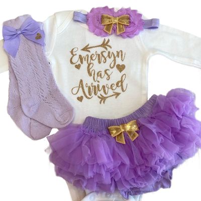 Three Sweet Limes Personalized Baby Girl Outfit Has Arrived Bodysuit with Gold Glitter Design Choose size NB to 24M, Add any Name Optional Tutu Bloomers, Socks, and Headband (Light Purple + Gold)