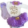 Three Sweet Limes Personalized Baby Girl Outfit Has Arrived Bodysuit with Gold Glitter Design Choose size NB to 24M, Add any Name Optional Tutu Bloomers, Socks, and Headband (Light Purple + Gold) view 1