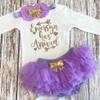 Three Sweet Limes Personalized Baby Girl Outfit Has Arrived Bodysuit with Gold Glitter Design Choose size NB to 24M, Add any Name Optional Tutu Bloomers, Socks, and Headband (Light Purple + Gold) view 2