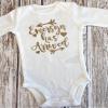 Three Sweet Limes Personalized Baby Girl Outfit Has Arrived Bodysuit with Gold Glitter Design Choose size NB to 24M, Add any Name Optional Tutu Bloomers, Socks, and Headband (Light Purple + Gold) view 3