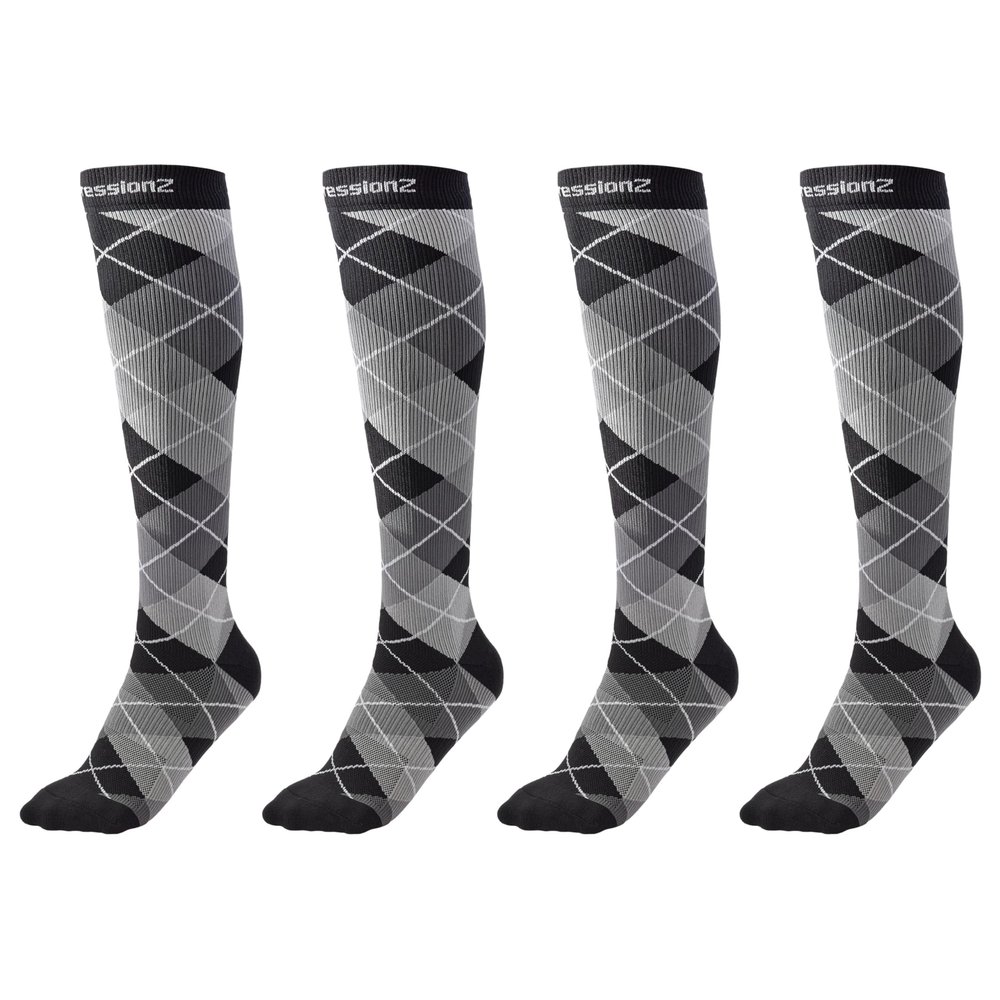 CompressionZ 30-40 mmHg Compression Socks for Women & Men | Knee-High Support Stockings Travel, Nurses and Athletes Argyle Black: 2 Pack, X-Large