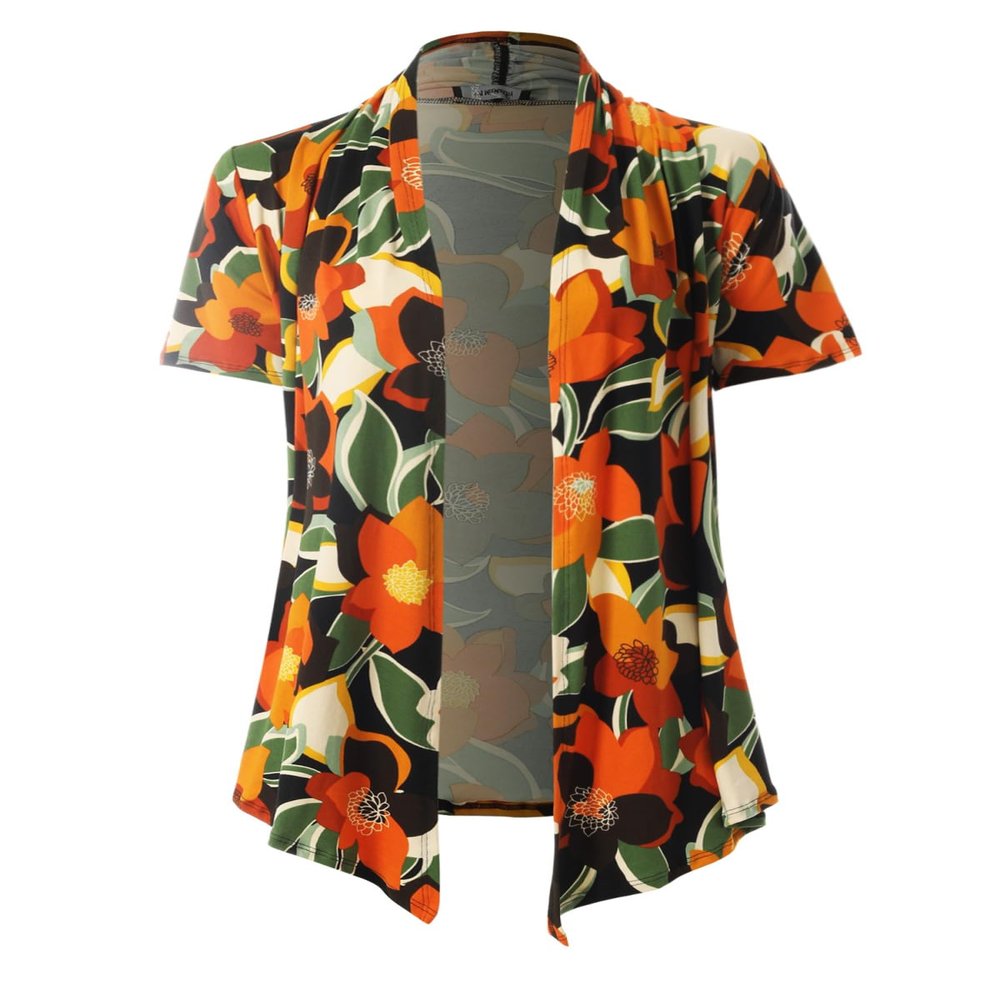 MixMatchy Women's Casual Floral Pattern Lightweight Front Open Front Short Sleeve Cardigan Flower Black/Rust L